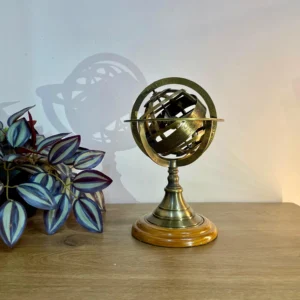 Brass Armillary Sphere Globe on Wooden Base – Antique Home & Office Decor Gift
