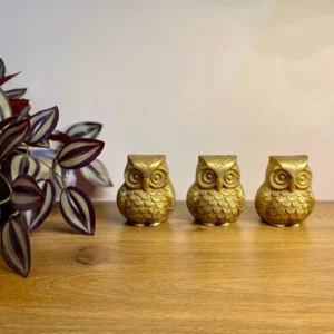 Golden Brass Owl Showpiece Set of 3 – Handcrafted Owl Figurines for Home, Office, Vastu